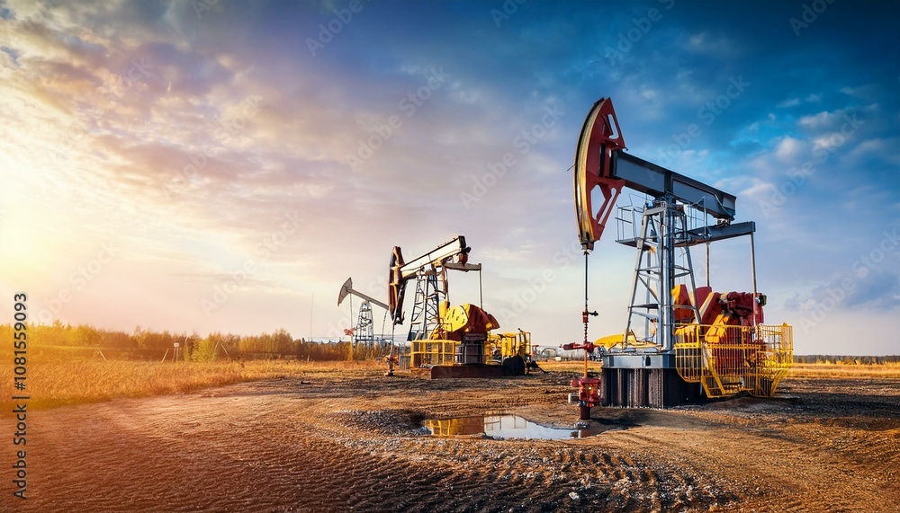 Oil drilling derrick pumps oil from ground. Petroleum industry, crude oil extraction. Production of fuel from natural resources. Oil drilling derrick pumps oil from ground. Petroleum industry, crude oil extraction. Production of fuel from natural resources.