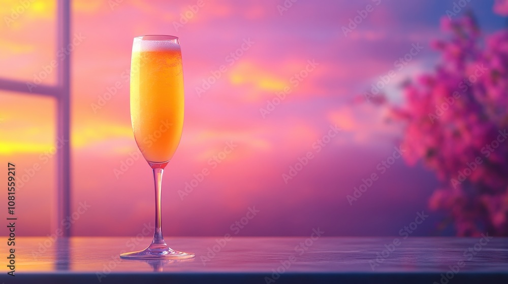 Glowing Bellini Cocktail at Sunset with Blurred Natural Background Glowing Bellini Cocktail at Sunset with Blurred Natural Background