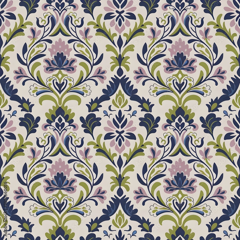 Serene Floral Damask Wallpaper Pattern in Pink, Blue, Green, and Yellow Serene Floral Damask Wallpaper Pattern in Pink, Blue, Green, and Yellow