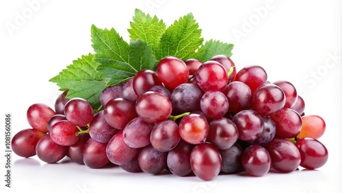 Bunch of red grapes with green leaves on white background