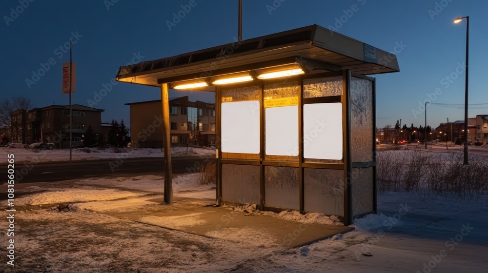 A bus stop illuminated at dusk, surrounded by snow and residential buildings. A bus stop illuminated at dusk, surrounded by snow and residential buildings.