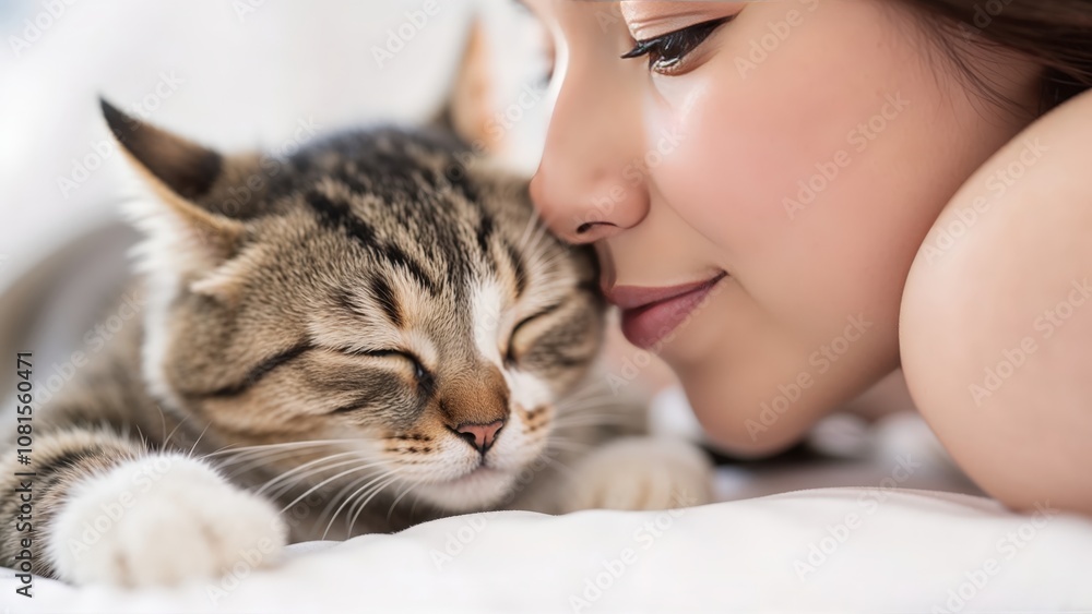 Generative AI, Intimate close-up of a cat and person gently pressing foreheads together in a serene moment against a white background Generative AI, Intimate close-up of a cat and person gently pressing foreheads together in a serene moment against a white background
