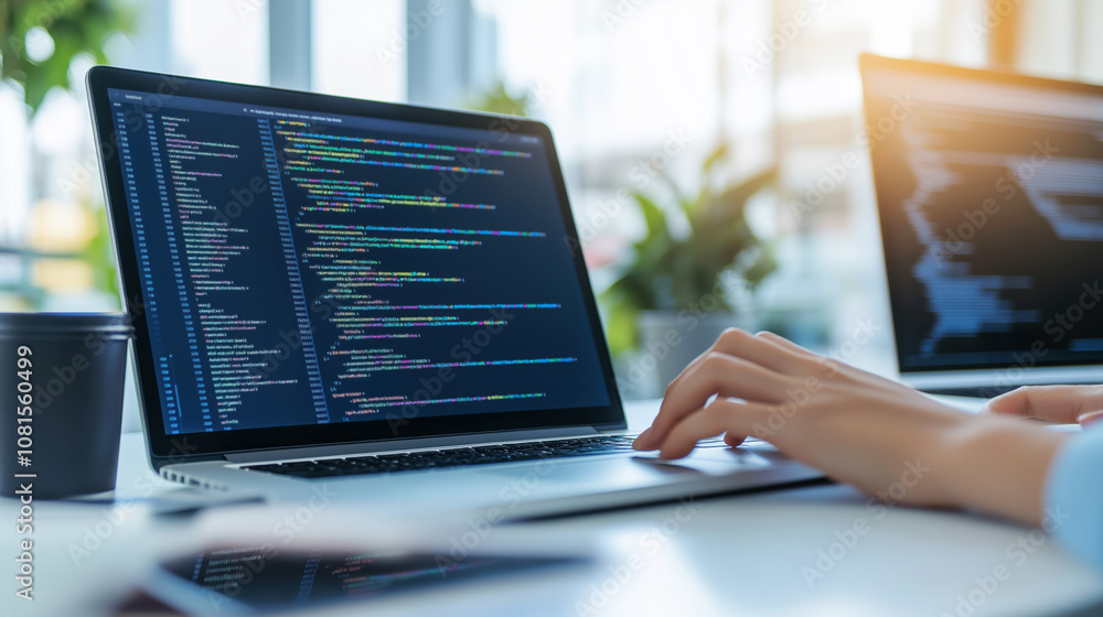 A Woman Focused on Typing and Working on Her Laptop Surrounded by Greenery and Natural Light in a Modern Office Environment