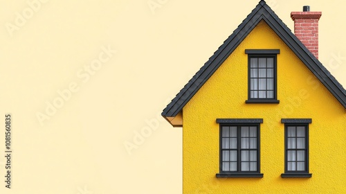 A vibrant yellow house with black windows and a chimney.