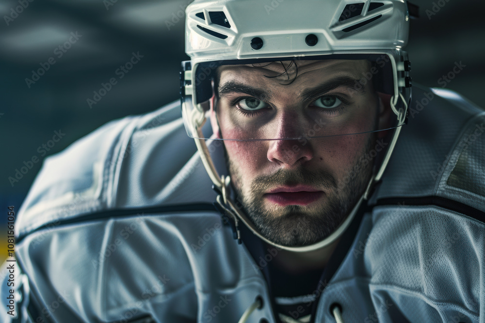 male ice hockey player is shown up close in full gear, his focused expression perfect for advertising sports equipment and safety gear.