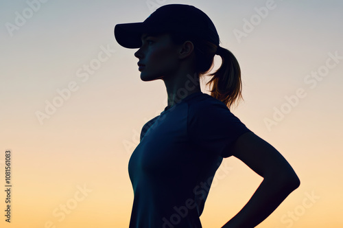 A silhouette of a female athlete in a beach volleyball uniform stands confidently against a vibrant sunset backdrop. photo