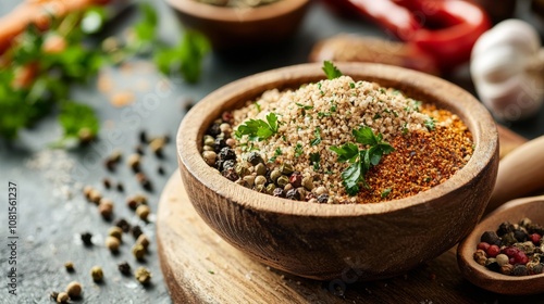 Wooden Bowl of Colorful Spices and Herbs