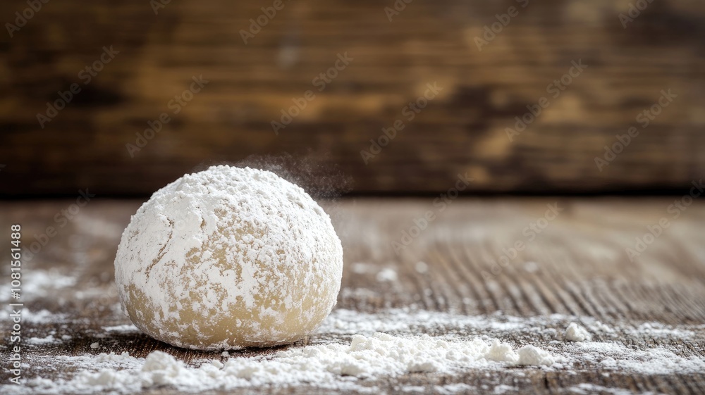 Powdered sugar-coated ball-shaped cookie on rustic wooden surface Powdered sugar-coated ball-shaped cookie on rustic wooden surface