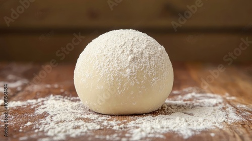 Ball of dough covered with flour, ready for baking or cooking on wooden surface