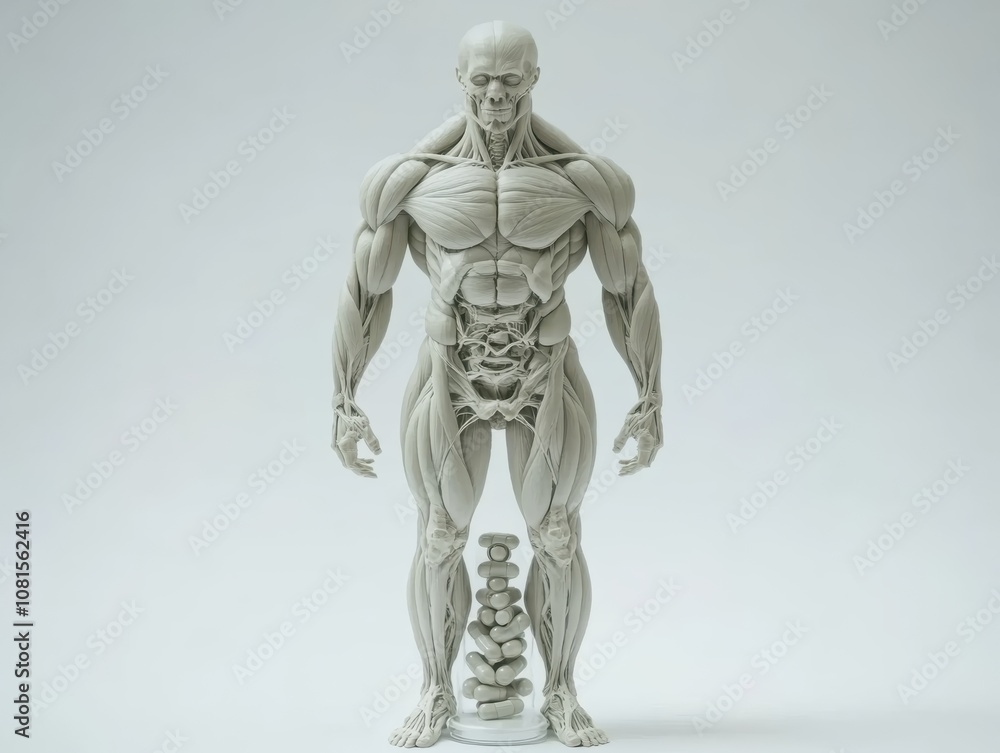 Double exposure of a steroid pill bottle and muscular human anatomy, isolated white background, concept of steroid use and muscle enhancement, high resolution medical stock photo Double exposure of a steroid pill bottle and muscular human anatomy, isolated white background, concept of steroid use and muscle enhancement, high resolution medical stock photo
