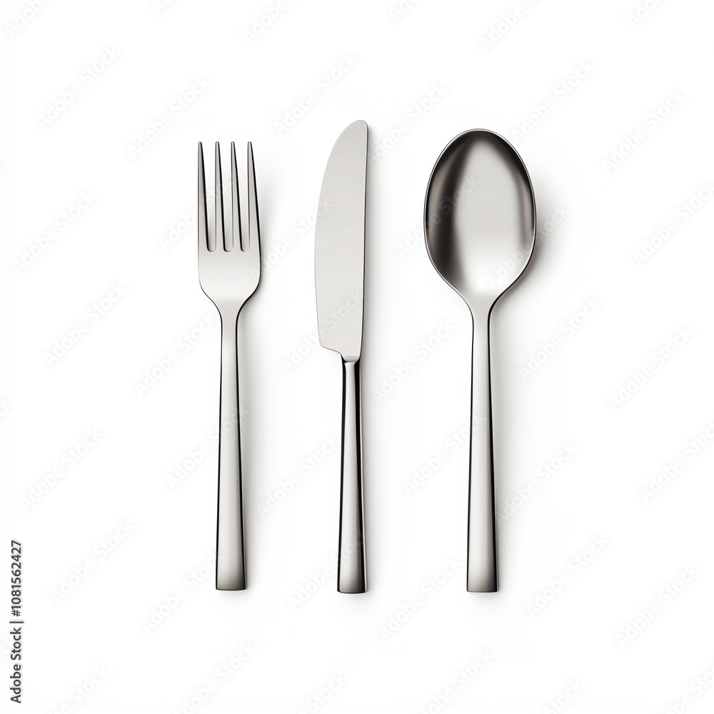 A minimalistic arrangement of a fork, knife, and spoon on a clean white background, perfect for dining themes. A minimalistic arrangement of a fork, knife, and spoon on a clean white background, perfect for dining themes.