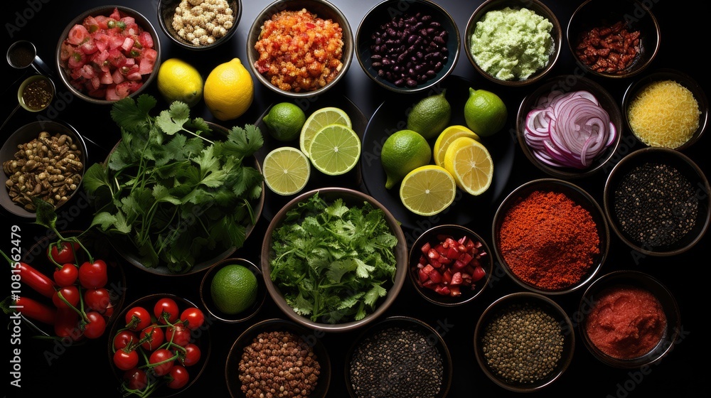 Ingredients for cooking. Food background. Top view on black background Ingredients for cooking. Food background. Top view on black background