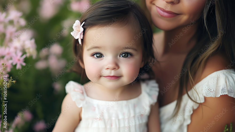 A heartwarming portrait capturing a toddler's innocence and joy alongside her mother in a lush garden A heartwarming portrait capturing a toddler's innocence and joy alongside her mother in a lush garden