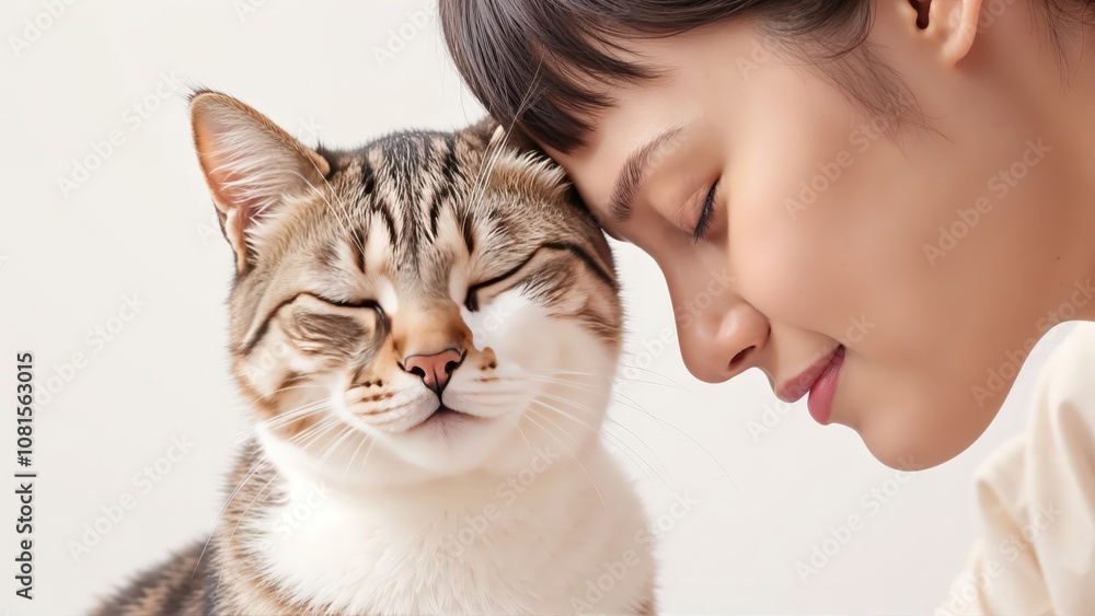 Generative AI, Intimate close-up of a cat and person gently pressing foreheads together in a serene moment against a white background