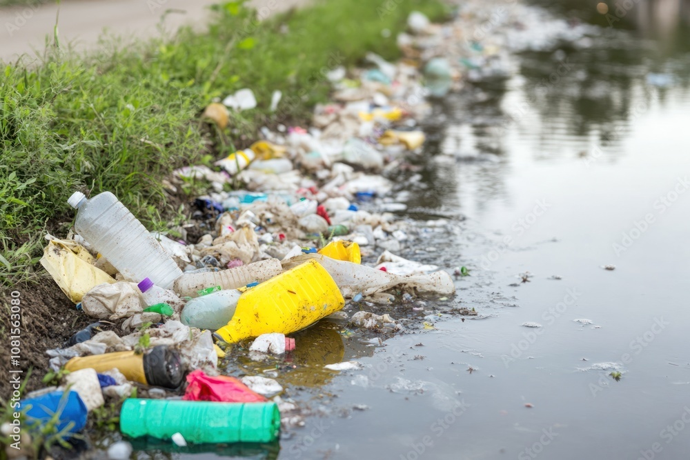 A polluted waterway littered with various plastic waste and debris. A polluted waterway littered with various plastic waste and debris.