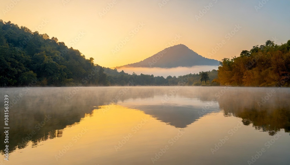 Peaceful Lake at Sunrise, With Mist Rising From the Water and a Lone Mountain Reflecting on the Calm Surface, Surrounded by Autumn Forests in Soft Morning Light Peaceful Lake at Sunrise, With Mist Rising From the Water and a Lone Mountain Reflecting on the Calm Surface, Surrounded by Autumn Forests in Soft Morning Light