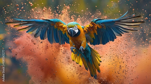 A vibrant blue and yellow macaw flies through a cloud of orange and red dust. photo