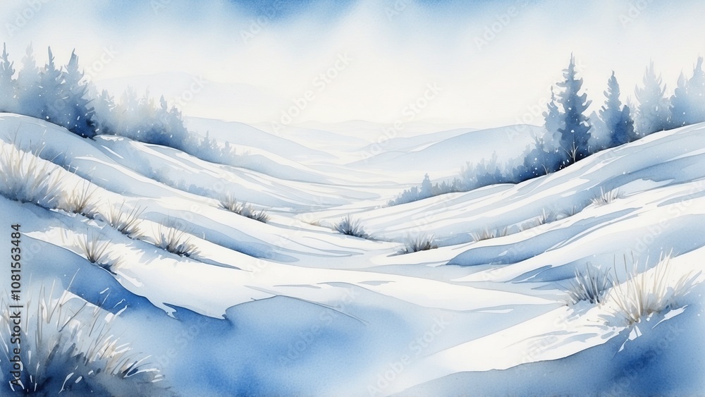 Watercolor landscape of snowdrifts and rolling hills in a serene winter scene