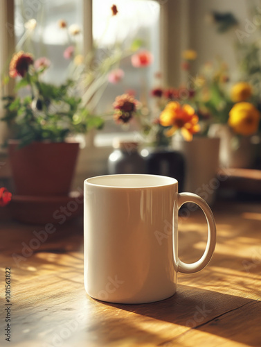 Wallpaper Mural A white mug sits on a wooden table in a sunlit room, surrounded by potted plants. Perfect for a relaxing morning coffee. Torontodigital.ca
