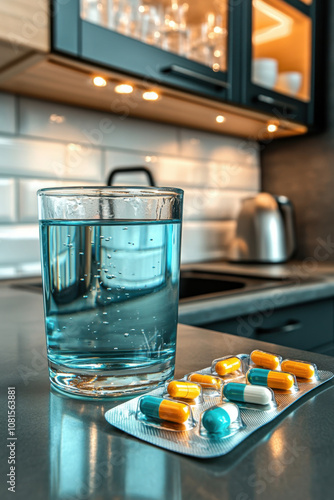 Glass of water and pills. A glass of blue liquid sits next to a blister pack of colorful capsules on a kitchen countertop, highlighting health and wellness themes. photo