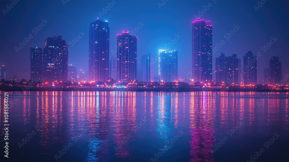 Obraz premium A panoramic view of a cityscape at night with skyscrapers reflecting in the water.