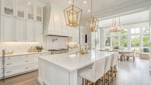 Luxury kitchen with a classic white and gold color scheme, chandelier lighting, and large island,
