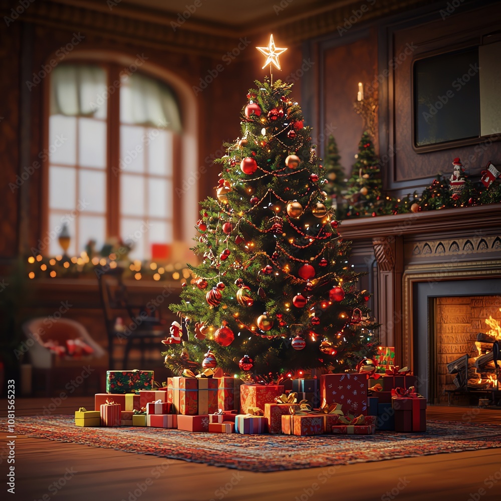 Christmas Tree with Gifts in Cozy Living Room with a burning fire place Christmas Tree with Gifts in Cozy Living Room with a burning fire place