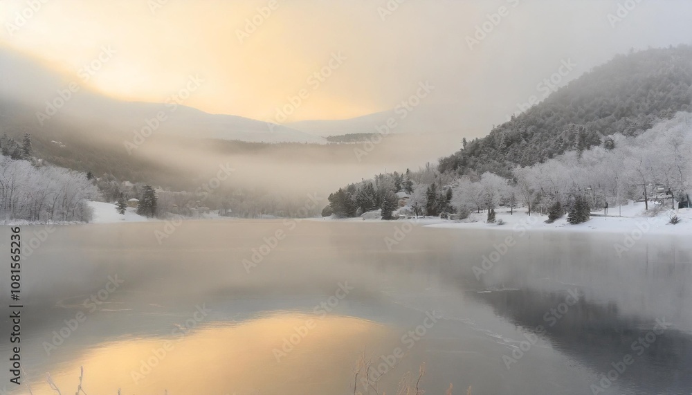 Calm Lake Nestled in a Snowy Valley, With Ice-Covered Trees Lining the Shores and a Low-Hanging Fog Over the Water, Creating a Serene Winter Scene Under a Soft Gray Sky Calm Lake Nestled in a Snowy Valley, With Ice-Covered Trees Lining the Shores and a Low-Hanging Fog Over the Water, Creating a Serene Winter Scene Under a Soft Gray Sky