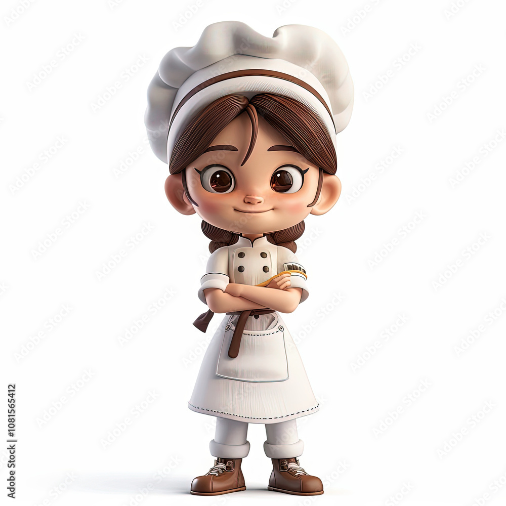 Charming 3D Cartoon Baker with a Confident Smile and Lovely Attire in a Bright Setting Charming 3D Cartoon Baker with a Confident Smile and Lovely Attire in a Bright Setting