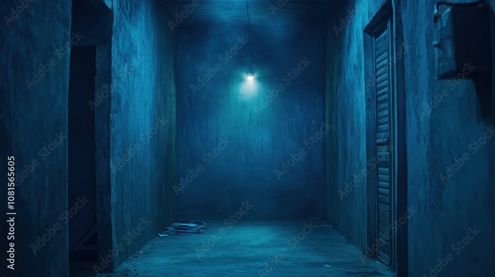 A dimly lit corridor with blue walls and a single overhead light, creating a mysterious atmosphere. A dimly lit corridor with blue walls and a single overhead light, creating a mysterious atmosphere.