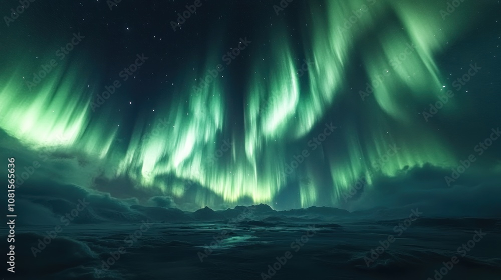 A vibrant green aurora borealis dances across the night sky above a snow-covered landscape, creating a breathtaking celestial display. A vibrant green aurora borealis dances across the night sky above a snow-covered landscape, creating a breathtaking celestial display.