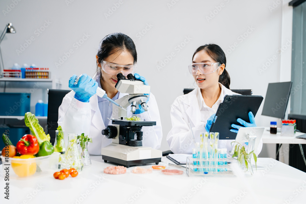 Food scientists in lab coats, testing samples, and analyzing food safety and quality Food scientists in lab coats, testing samples, and analyzing food safety and quality