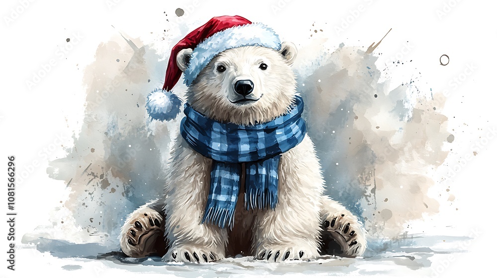 Cute polar bear wearing a fluffy Santa hat and a blue striped scarf, sitting happily on a white backdrop, watercolor illustration, detailed fur textures, delicate brushwork, festive holiday theme, Cute polar bear wearing a fluffy Santa hat and a blue striped scarf, sitting happily on a white backdrop, watercolor illustration, detailed fur textures, delicate brushwork, festive holiday theme,