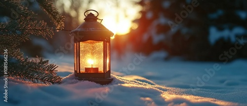 A vintage lantern with a glowing candle sits on snow-covered ground, surrounded by pine trees and bathed in warm sunset light, ideal for holiday marketing materials, greeting cards, and seasonal ads photo