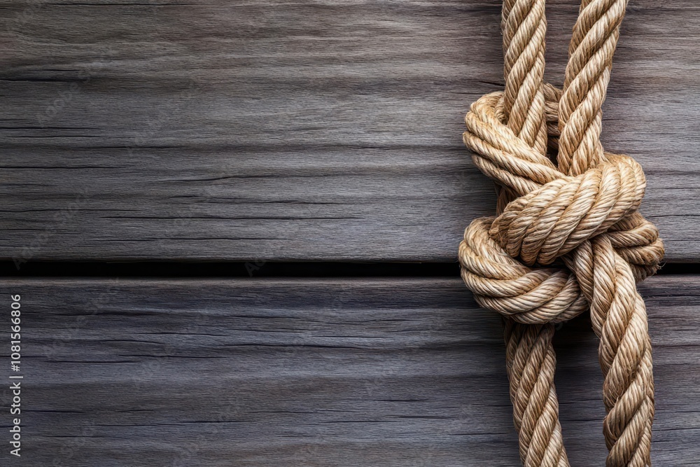 Frayed rope with knot against a wooden backdrop, rustic tones, hyperrealistic, detailed texture, earthy colors, warm lighting Frayed rope with knot against a wooden backdrop, rustic tones, hyperrealistic, detailed texture, earthy colors, warm lighting