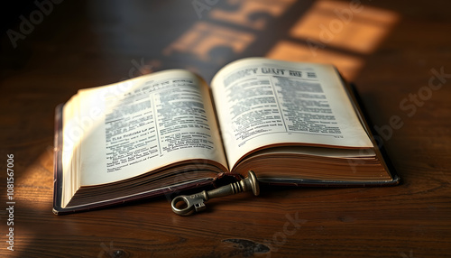 Old open antique book on table with vintage key isolated highlighted by white, png