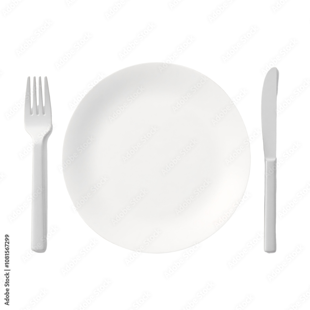 Simple and clean dining setup featuring a white dinner plate with a matching fork and knife placed on either side against a white backdrop Simple and clean dining setup featuring a white dinner plate with a matching fork and knife placed on either side against a white backdrop