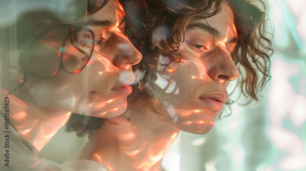 Gender fluidity depicted through a series of reflections in mirrors showing individuals embracing different gender expressions, Signifying the spectrum of gender identities, photography style Gender fluidity depicted through a series of reflections in mirrors showing individuals embracing different gender expressions, Signifying the spectrum of gender identities, photography style