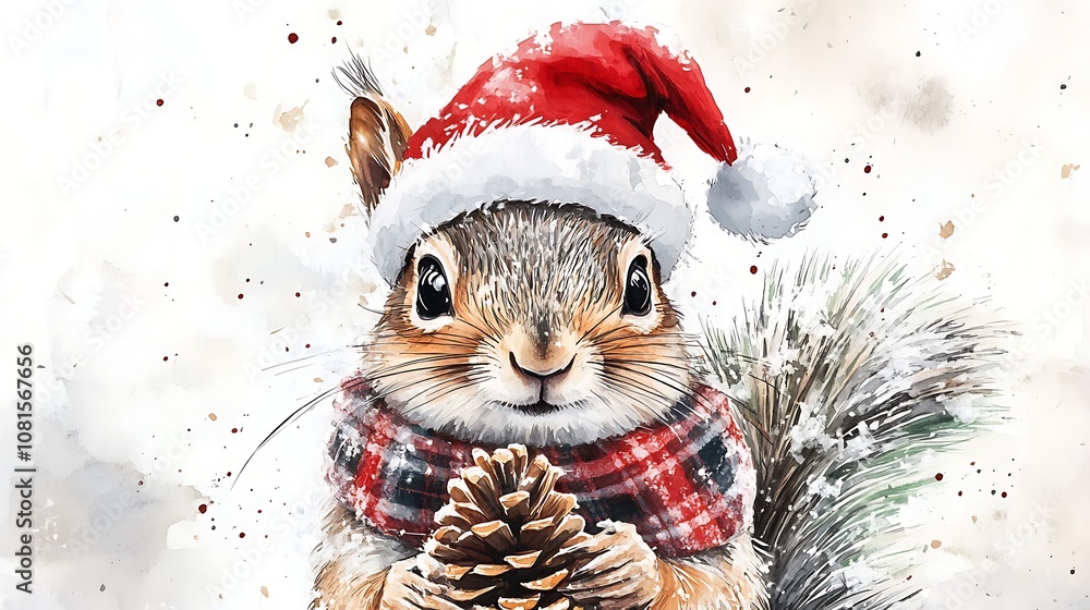 Cute watercolor squirrel dressed in a red Santa hat and a tartan scarf, holding a pine cone, plain white backdrop, intricate fur details, delicate brush strokes, festive holiday mood, hd quality, Cute watercolor squirrel dressed in a red Santa hat and a tartan scarf, holding a pine cone, plain white backdrop, intricate fur details, delicate brush strokes, festive holiday mood, hd quality,