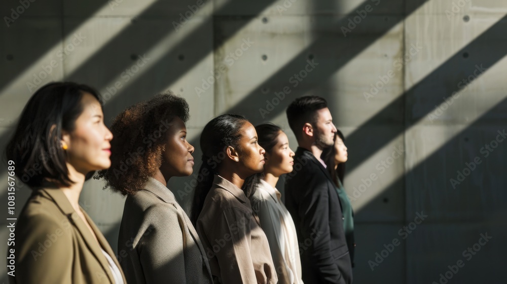 Obraz premium Gender inequality symbolized by a diverse group of women standing in the shadow of towering male figures in a corporate setting, Reflecting the struggle for equity in the workplace, photography style
