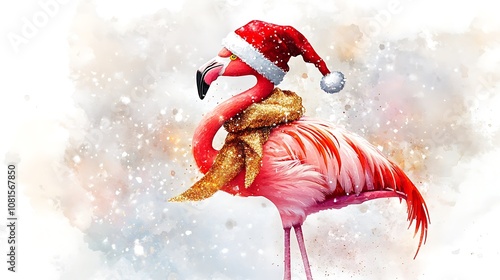 Elegant flamingo in festive attire, red Santa hat and glittering gold scarf, watercolor illustration, single-leg stance, white background, soft pastel shades, delicate details, vibrant and lively, photo