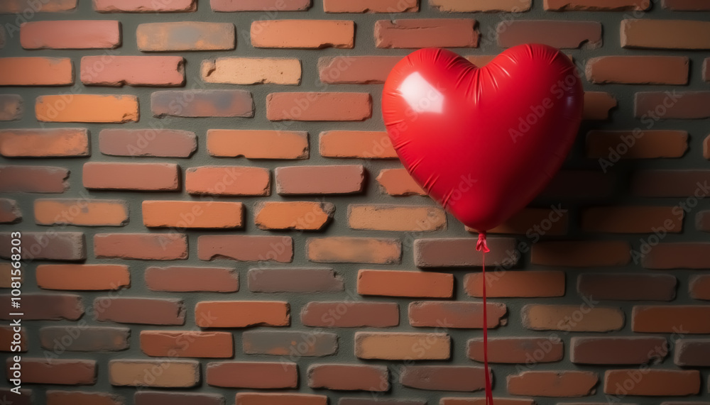 A red heart shaped balloon floating in front of a brick wall background, Valentine's Day card A red heart shaped balloon floating in front of a brick wall background, Valentine's Day card