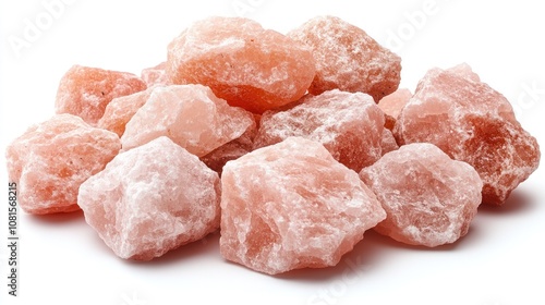 Pile of pink Himalayan salt crystals isolated on white background.