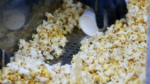 A vendor in gloves prepares fresh popcorn in a cup from a modern machine. Enjoy the process and aroma of movie-style popcorn. Perfect for food enthusiasts and movie buffs