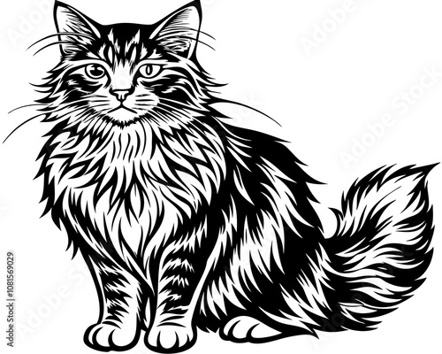 Majestic Fluffy Maine Coon Cat silhouettee,Majestic Fluffy Maine Coon Cat vector illustration