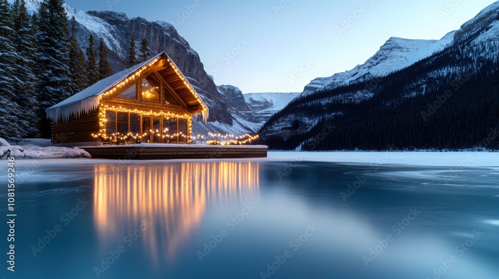 Fototapeta premium Idyllic Frozen Lake Scene with Cozy Cabin