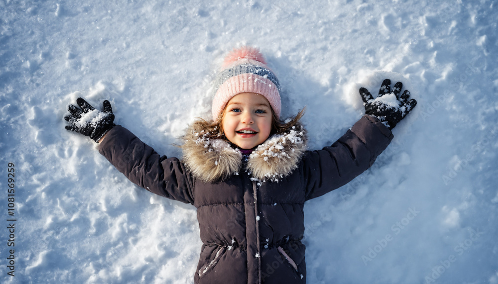 Toddler girl making a snow angel, laughing and happy in winter snow, joyful childhood moment