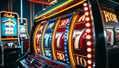 Casino slot machine showing four 7s in a row, jackpot, lucky win, gambling theme photo