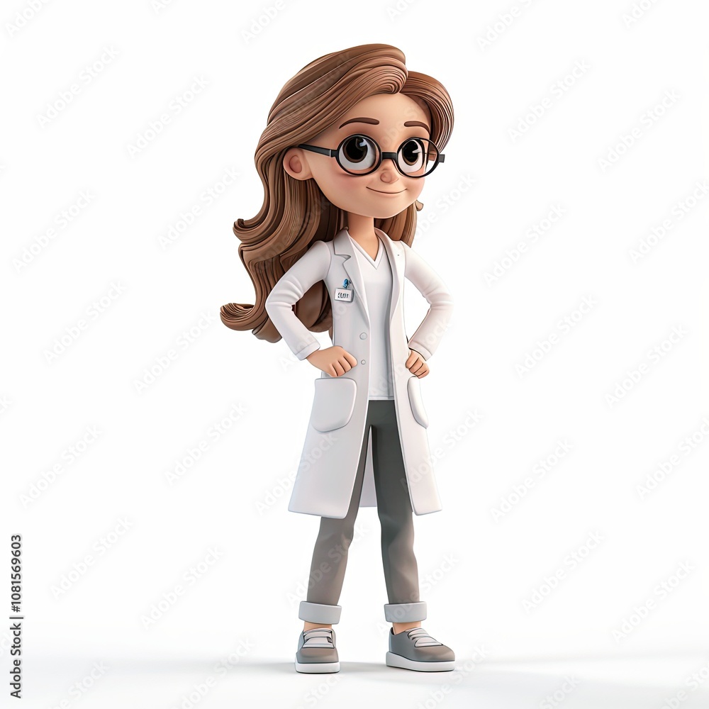 Stylized Female Pharmacist Character With Long Hair and Glasses, Standing Proudly in a Lab Coat
