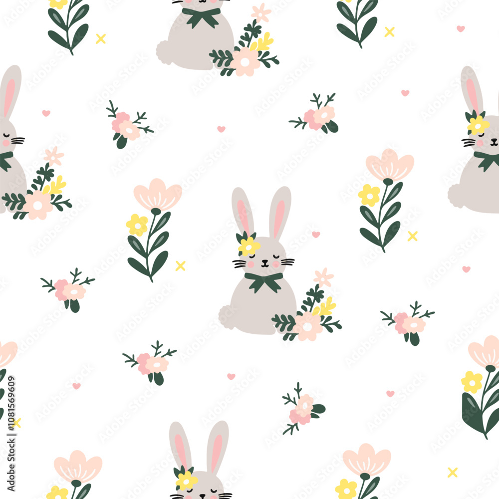 Seamless vector pattern for Easter. Seamless pattern of colorful silhouettes of rabbits, eggs and wild flowers. Seamless vector pattern for Easter. Seamless pattern of colorful silhouettes of rabbits, eggs and wild flowers.